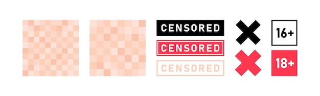 Set of pixel censored signs elements Black and red censor bar concept Blurred beige censorship background Vector illustration