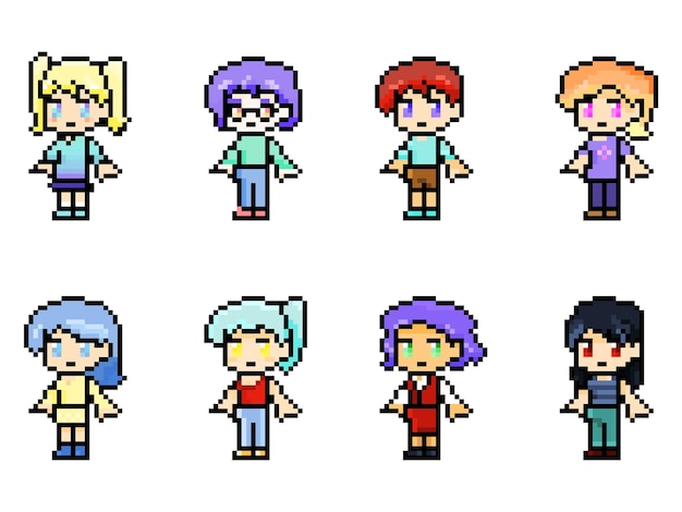 Vettore set di personaggi femminili in pixel, anime in stile retrò