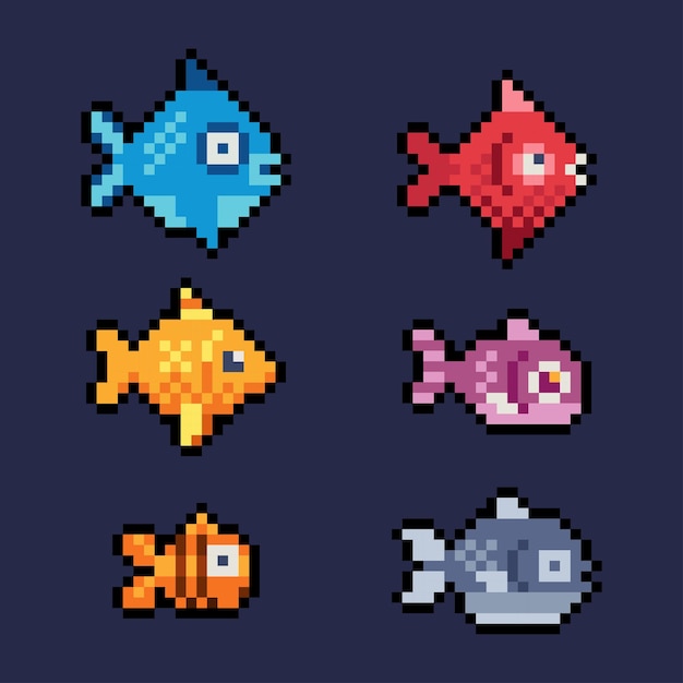 Premium Vector | Set of pixel fish