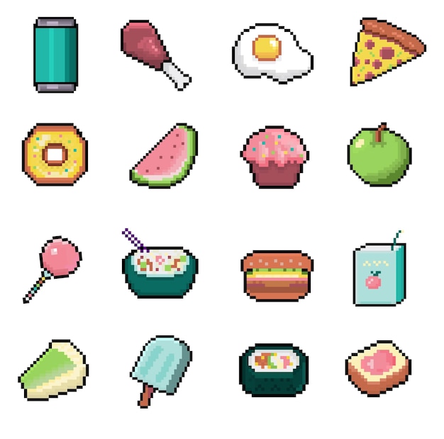 Vettore set di icone di raccolta di snack per alimenti e bevande pixel