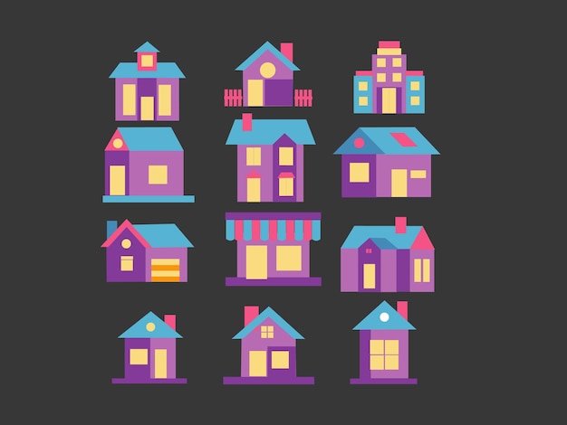 A set of pixel houses on a dark background