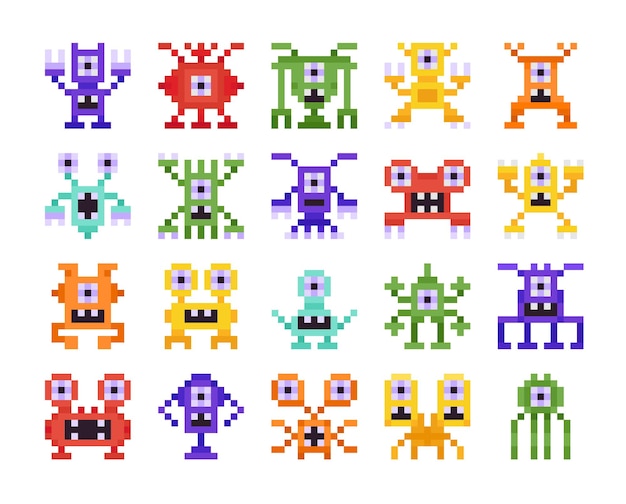 Набор пиксельных монстров, ретро-дизайн для компьютерных восьмибитных аркадных игр, изолированных на белом