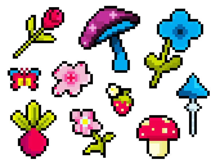 Set of pixel nature icons mushroom flower butterfly
