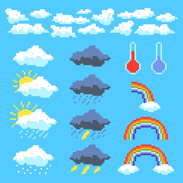 ピクセル天気アイコンのセットです。雲、雷雲、虹。ピクセルアートスタイルのベクトルイラスト