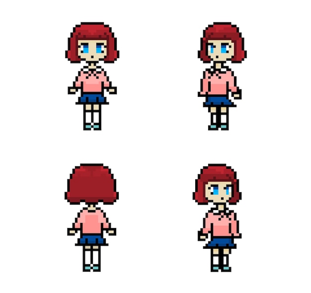 Set of pixel young girl with red hair cute character student game arcade design