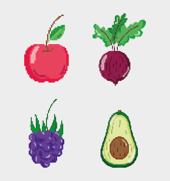 Set of pixelated natural food