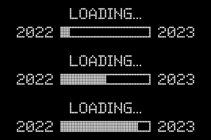 Vector set of pixelated progress bar showing loading of 2023 year pixel loading progress from 2022 to 2023