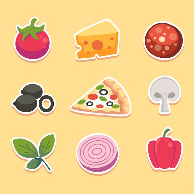 set of pizza ingredients in cartoon style vector illustration