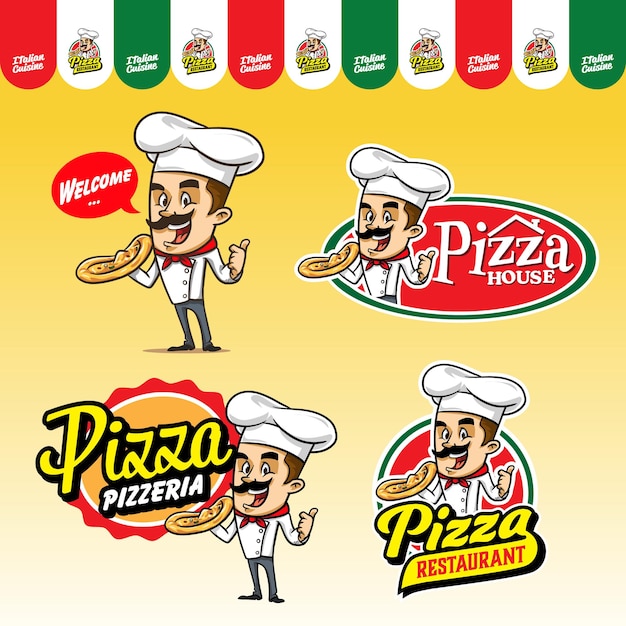 Vettore insieme del logo della pizza con l'illustrazione del fumetto dello chef