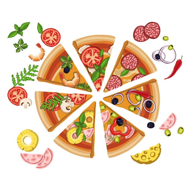 Set of pizzas with various fillings illustration Vector illustration
