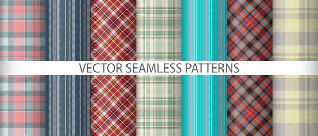 Set plaid fabric seamless vector textile pattern texture tartan background check collection