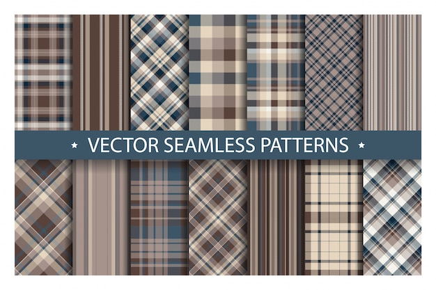 Set plaid pattern seamless. Tartan patterns fabric texture. Checkered geometric  background. Scottish stripe blanket backdrop