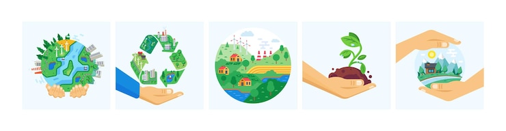 Vector 인간의 손에 지구를 설정 글로벌 생태 보호. 지구의 날 개념 재활용 자원 대체 연료 전력 및 에너지 생성. 환경 보전 에코 도시 자연 저장 만화 벡터