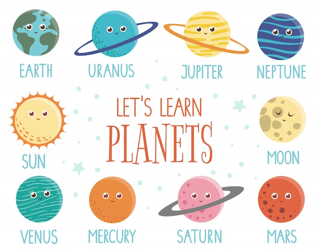 Vector set of planets for children. bright and cute flat illustration of smiling earth, sun, moon, venus, mars, jupiter, mercury, saturn, neptun with names isolated