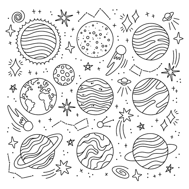 Set di icone dei pianeti, illustrazione vettoriale disegnata a mano.