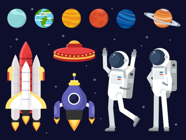 Set of planets, space shuttles and astronauts in flat style