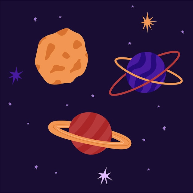 Set of planets and stars in outer space vector illustration Different abstract cosmic objects in cosmos Childish universe