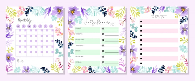 Vector set planner with floral watercolor