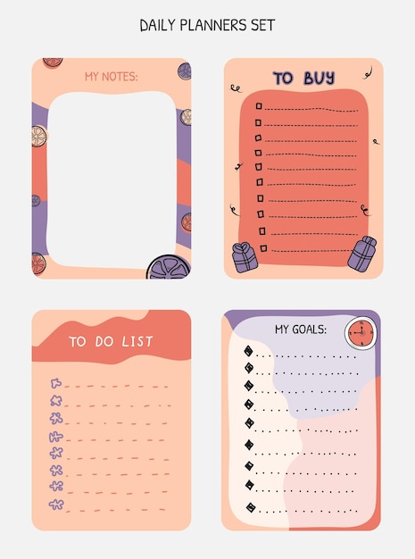 Set planners en takenlijsten met eenvoudige illustraties en trendy belettering sjabloon voor planners checklists en andere briefpapier geïsoleerde vector