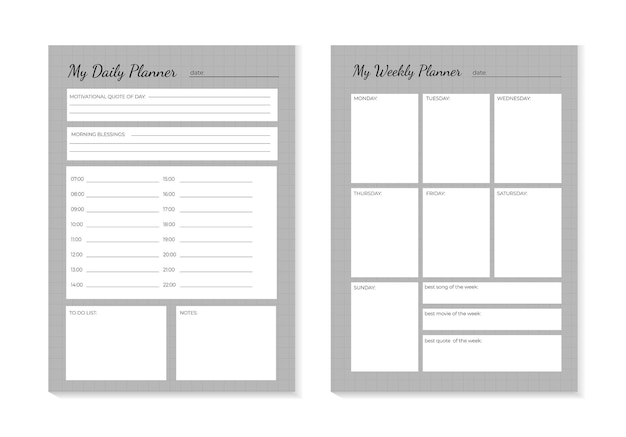 Set planners template of personal daily and weekly planner, weekly plan and trendy grey color.