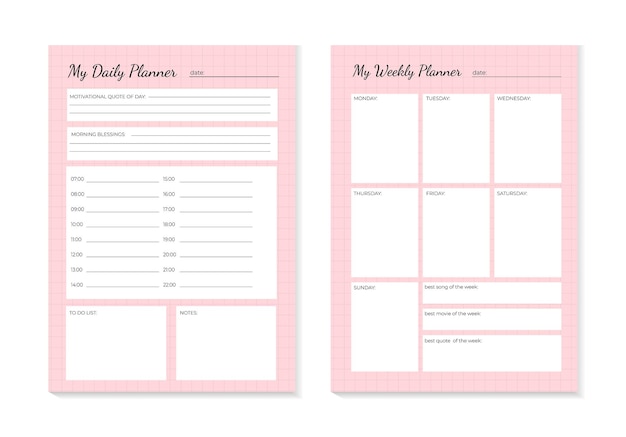 set planners template of personal daily and weekly planner weekly plan and trendy pastel colors pink