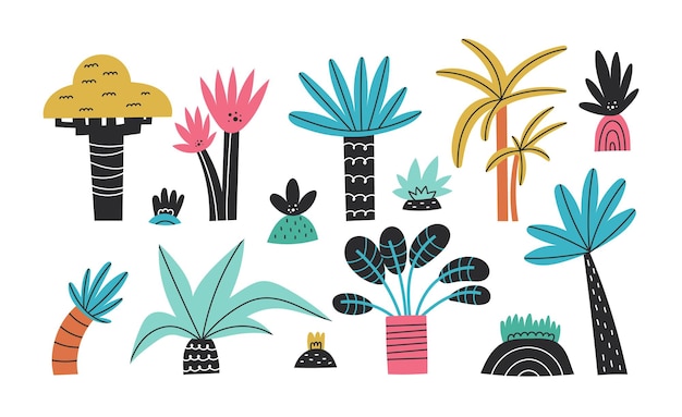 A set of plant cliparts, a children's doodle illustration. Leaves and palm trees