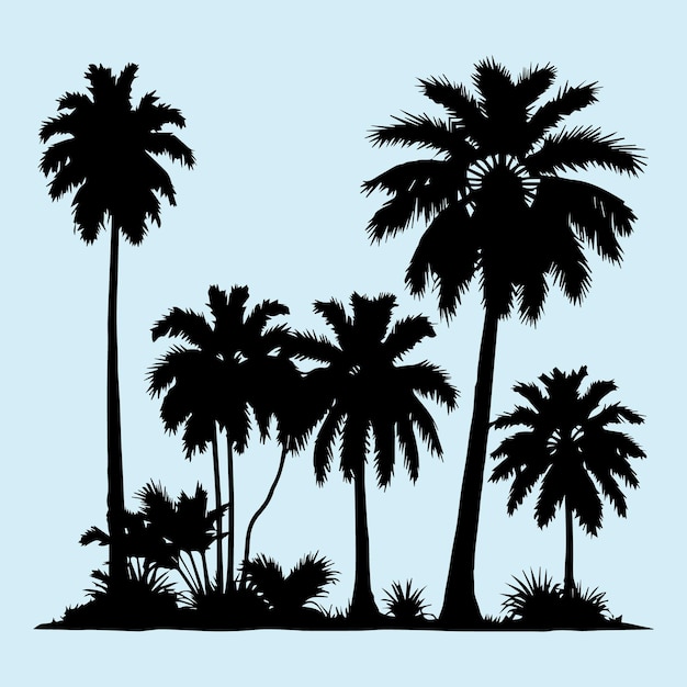 Vector set of plant and coconut tree with its silhouette