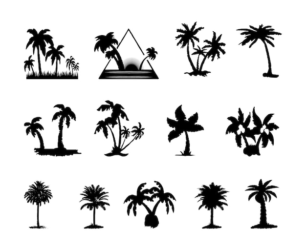 Set of plant flat icon and palm tree silhouette