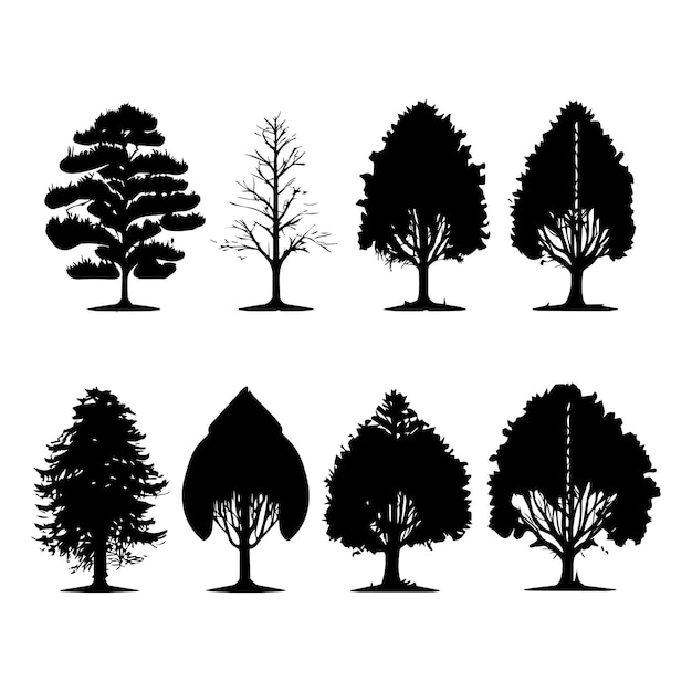 Insieme dell'illustrazione della siluetta della pianta e dell'albero