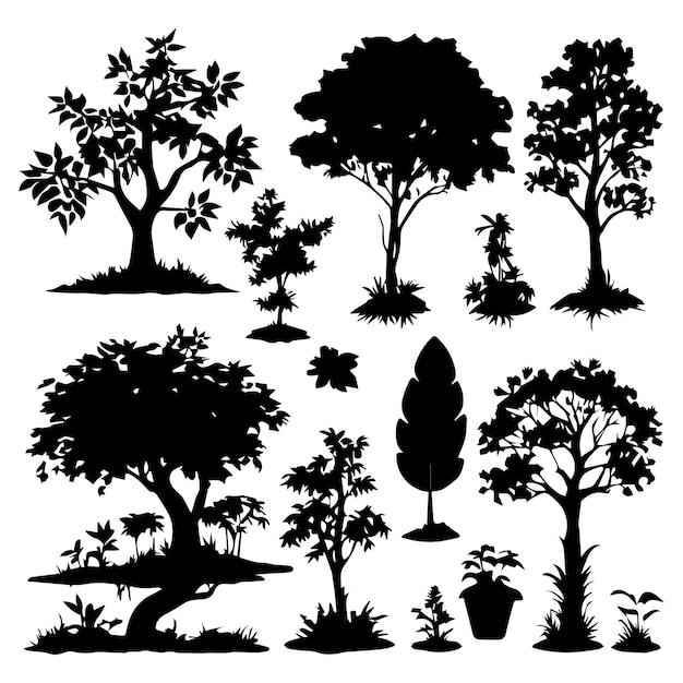 Vector set of plant and tree silhouette