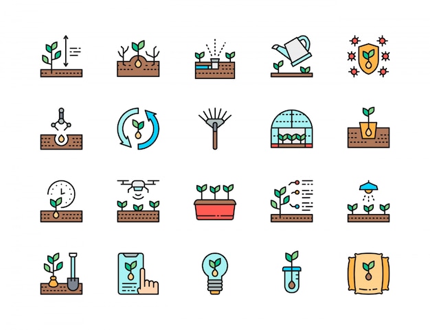 Set of planting flat color line icons. rake, greenhouse, agriculture