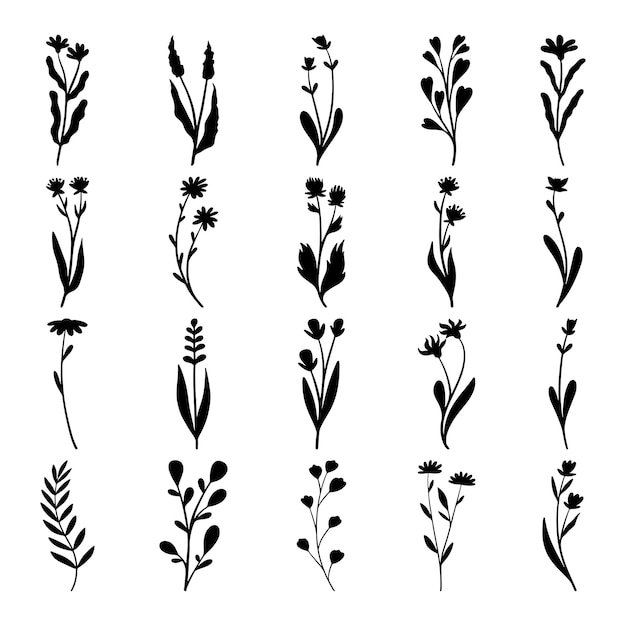 Vector set of plants and flower silhouette