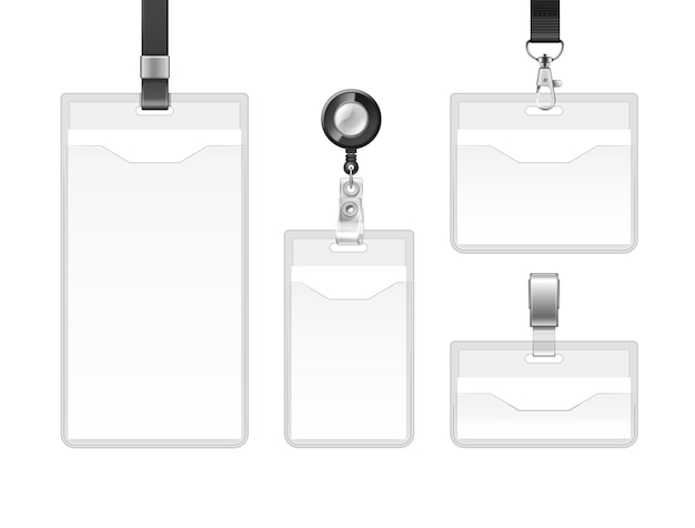 Vector set of plastic badges sealed bag on lanyards