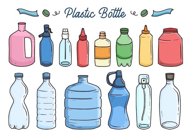 Insieme del fumetto del disegno dell'illustrazione della bottiglia di plastica