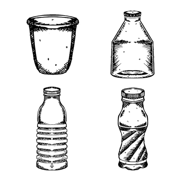 Set of Plastic bottles hand drawn skech and vector illustrations