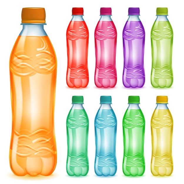 Set of plastic bottles with multicolored liquids bottles with colored caps filled with various colorful juices