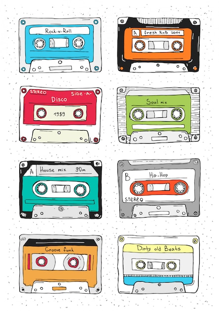 Set di cassette di plastica, nastro audio con musica diversa. illustrazione retrò disegnata a mano