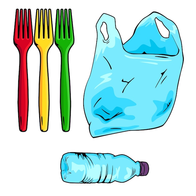 A set of plastic forks pacts and bottles Garbage stickers on white background Environmentally damaging things