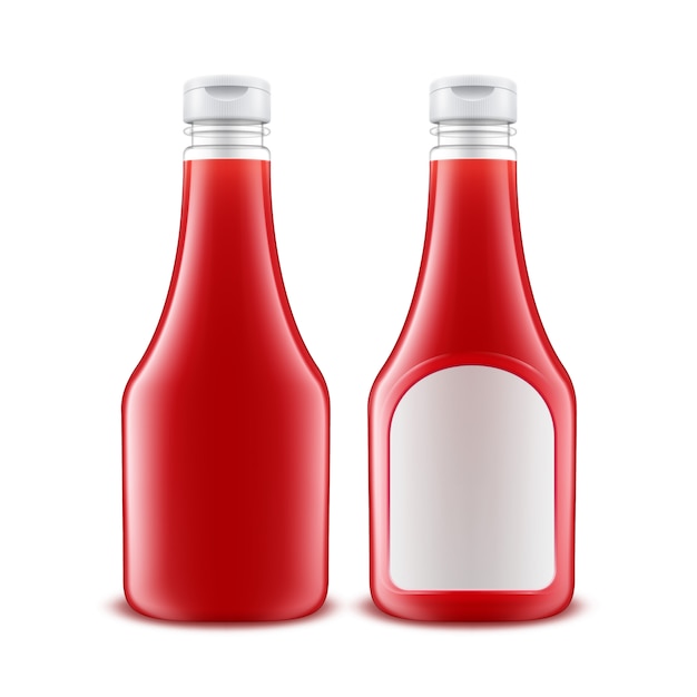 Vector set of plastic red ketchup bottle with white label