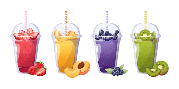 Vector set of plastic transparent cups with fruits smoothie summer drinks cup of fruity organic shake