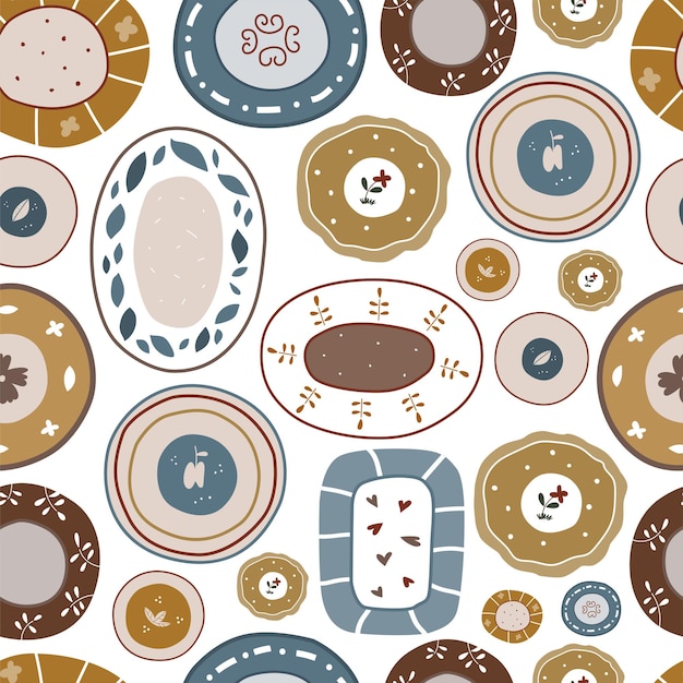 Set of plates on white background seamless pattern