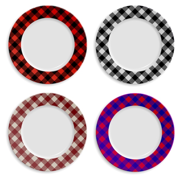 Set of plates with checkered pattern isolated on white