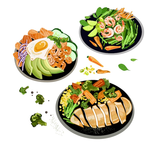 Set of plates with different healthy food top view vector food illustration keto dietmenu