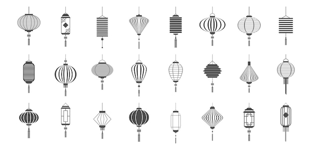 Set platte ontwerp chinese lantaarns voor festival