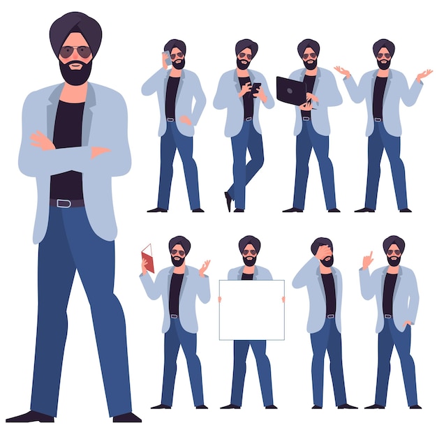 Set platte ontwerp jonge Indiase sikh zakenman karakters