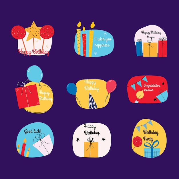 Set platte verjaardagselementen met kaarsen geschenken badges vakantie stickers vector illustratie