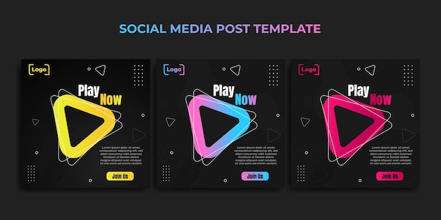 Set of play social media post template with colorful and dark background design