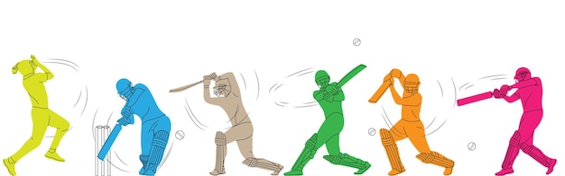 Vector set of player playing cricket action pose line art championship vector illustration.