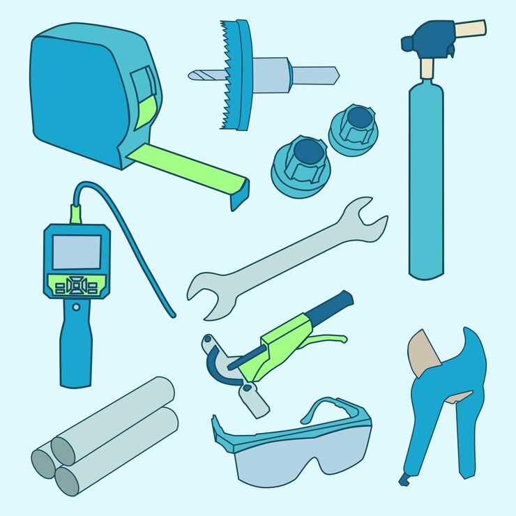 Vector set of plumber tools simple flat line illustration