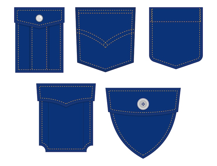 Vector set pocket patch for cloth, fashion pocket icon set editable stroke, patch pocket set fabric